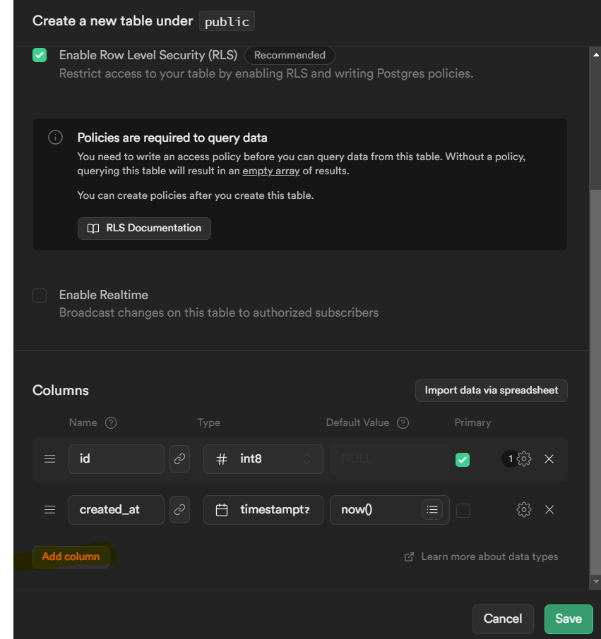 Create project in Supabase