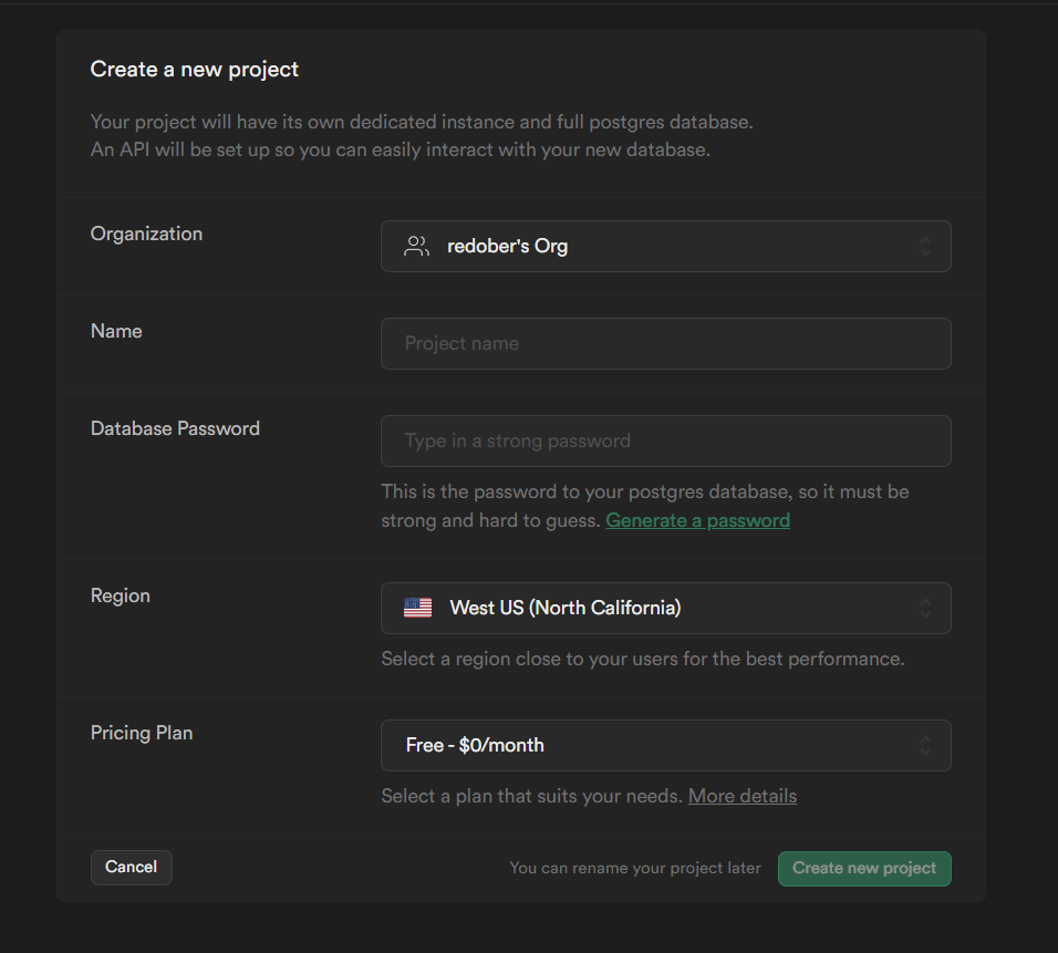 Create project in Supabase