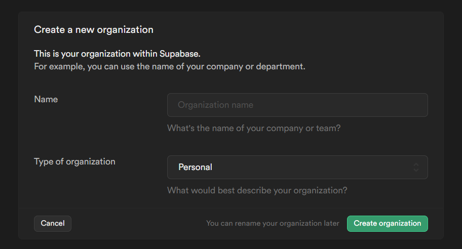 Create Org in Supabase