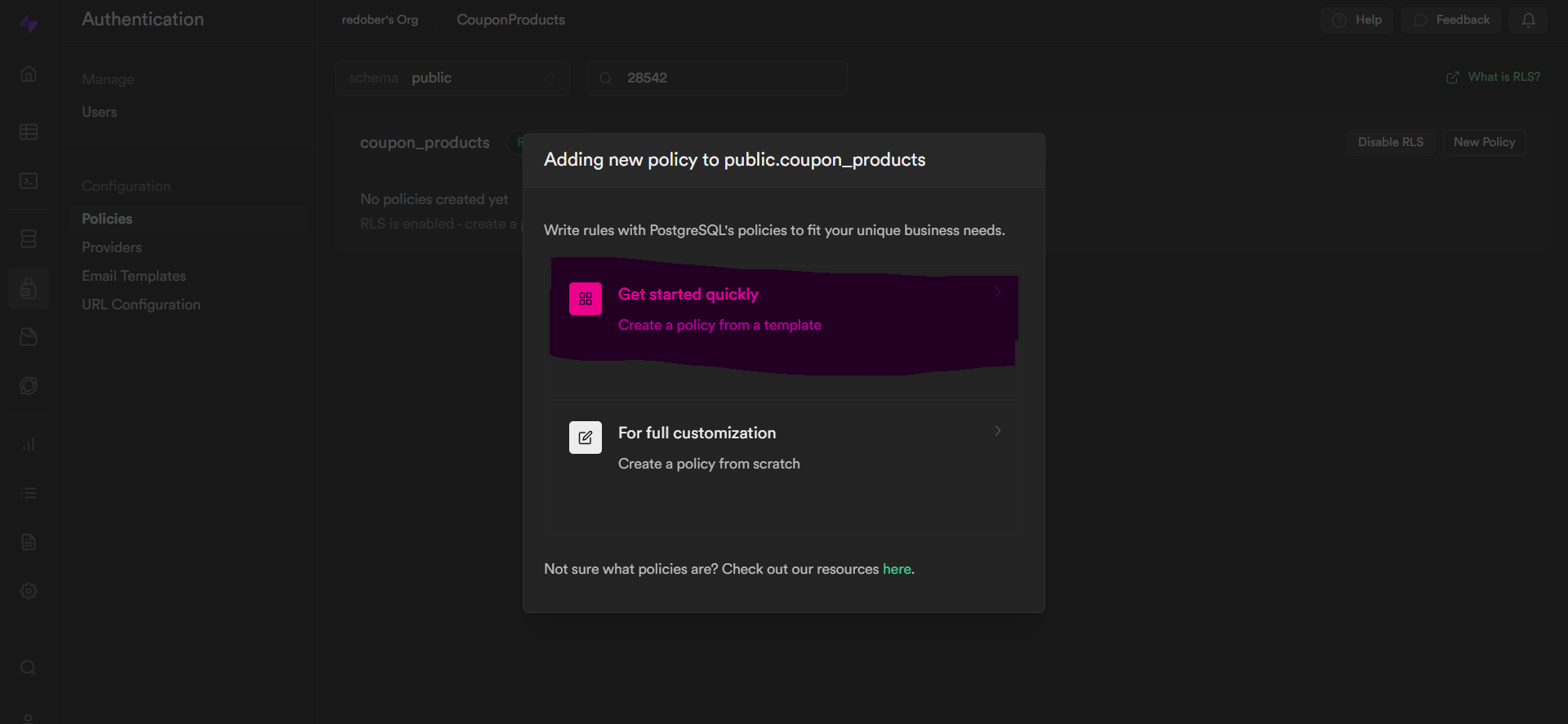 Create project in Supabase